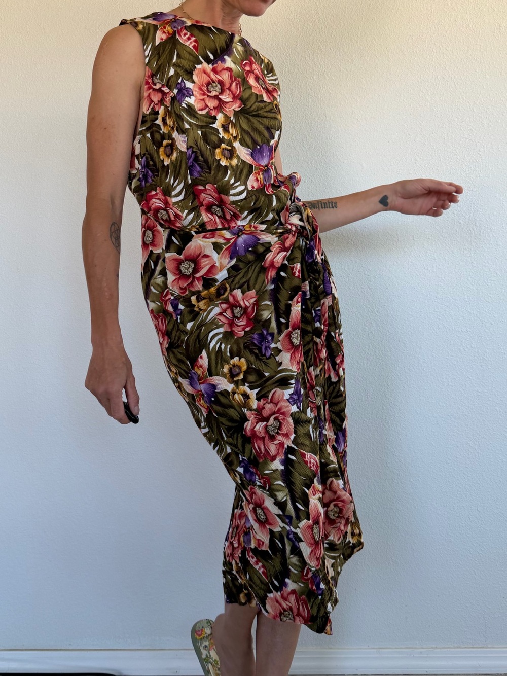 Sleeveless Floral Midi Dress in Olive and Pink